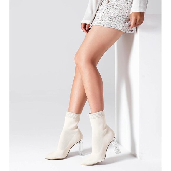 Women's Beige Knit Sock Pointed Toe Clear Mid Heel Slip-on Stretch Booties - Picture 7 of 7